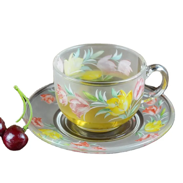 INS verre tasse à café plat ensemble créatif fleur conception tasse en verre dépoli avec support cadeaux de mariage haute beauté verrerie française