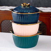 Services de table en céramique en gros, vaisselle en porcelaine de luxe, service de table en céramique, pot à soupe en céramique et ensemble de bols en verre avec support doré