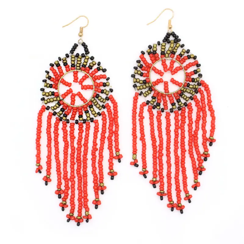 Fashion Trendy Handmade Bohemia Long Tassel Seeds Beads Drop Hoop Earrings For Women
