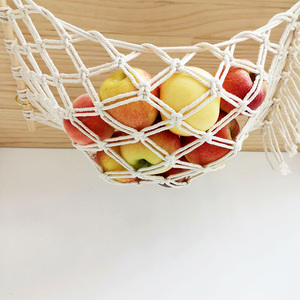 Kitchen Hanging Storage Baskets Handwoven Cotton Rope Tassels Macrame Fruit Hammock With Metal Hooks