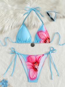 Conjunto de Bikini de Dos Piezas de Moda Femenina Europea y Americana Transfronteriza 2025, Sexy, con Tirantes Cruzados, Espalda Descubierta, Encaje y Chifón con Diseño de Flor de Hibisco - Product Image 4