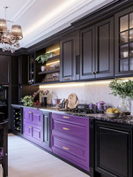 Meuble de cuisine noir de luxe gothique, îlot violet sur mesure, zone de cuisson modulaire en bois massif, design de mobilier royal