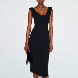 Robe midi élégante en tricot noir à col en V sans manches, couleur unie, tissu extensible doux, à porter en toutes saisons - Product Image 3