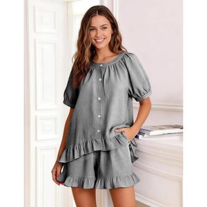 FOXA Ensemble pyjama 2 pièces pour femme, haut à volants rayé en coton, short, vêtements de nuit, tenue Y2k - Product Image 3