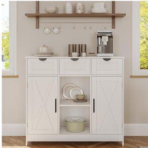 Gabinete de barra de café <span class=keywords><strong>blanco</strong></span> 2 estantes ajustables 3 cajones 2 puertas Almacenamiento de madera para baño cocina sala de estar - Product Image 1