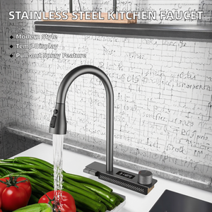 Modern Single Handle Brass Deck <b>Mounted</b> Brushed Kitchen Sink Faucet Pull <b>Spray</b> Digital Temperature Display Single Hole Hot/Cold - Product Image 2