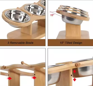 Ayarlanabilir çevre dostu çelik ve paslanmaz bambu raf asılı özelliği ile küçük hayvanlar için ahşap kedi kase tutucu kafes kullanımı - Product Image 3