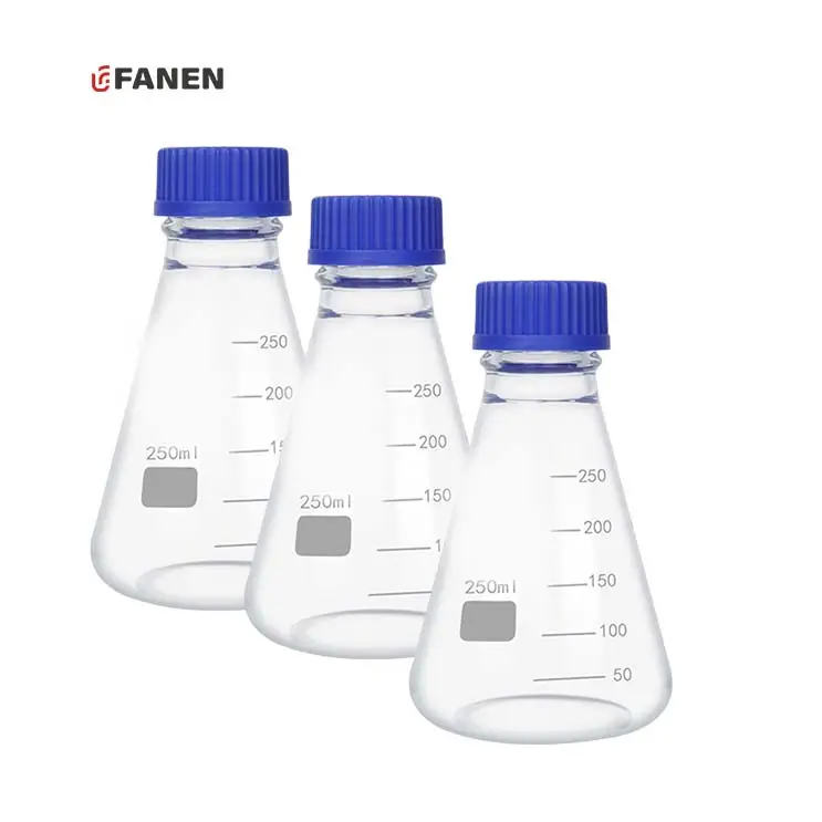 Fanen 250ml laboratuvar ekipmanları mavi vida medya üçgen reaktif şişesi konik reaktif şişesi