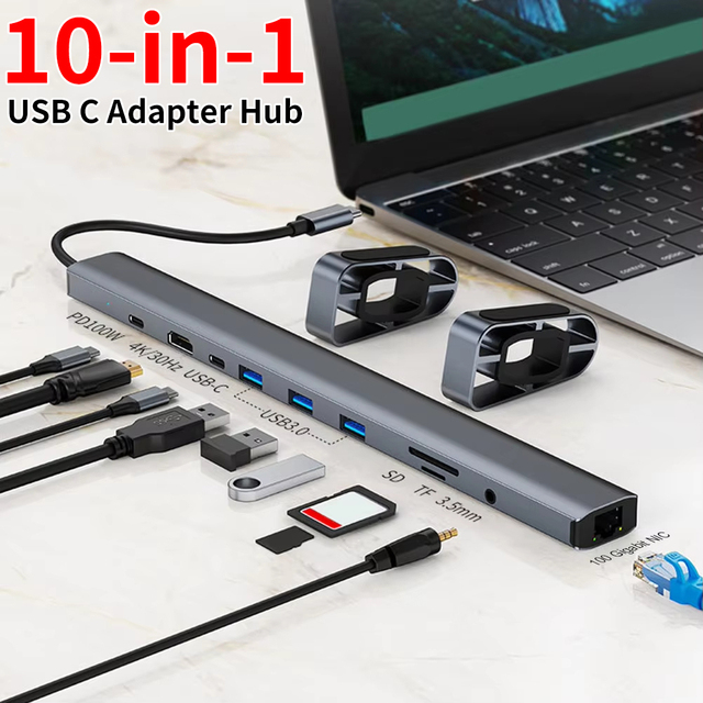 10-in-1 Dock Adapter for MacBook Other Devices Type-C Hub for 2.1 3.5mm Audio 2 RJ45 USB-C Ports 5Gbps Data 100W PD Metal Stock