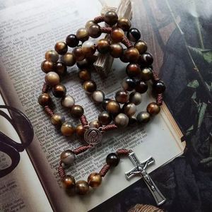 Catholic Rosary Beaded Necklace Hand-strung 10mm Faux Agate <b>Beads</b> in a Vintage Style Woven - Product Image 2