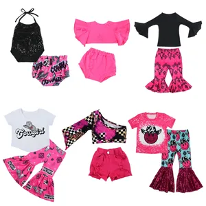 Toddler summer girl outfit first birthday hot pink print baby clothing 2 pieces set ripped design custom