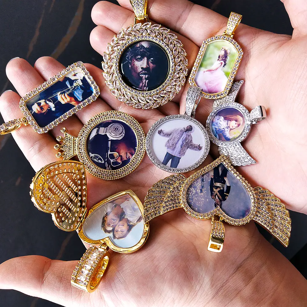 Hip Hop 18K Penuh Iced Out Foto Kustom Gambar Liontin Kalung Foto Hati Berlian Liontin Liontin