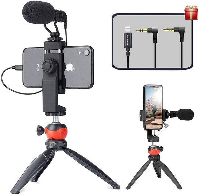 EACHSHOT Microphone Vlogger Kit Led Video Light Mini Tripod shotgun Microphone Phone Clip for Iphone 12 Samsung Smartphone