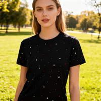 Production personnalisée, nouvelle collection été, t-shirt femme slim fit à pois, col rond, entièrement orné de diamants