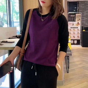 Women Color Block Long Sleeve <b>Top</b> Purple Black Splicing Soft Knit Loose Fit Plus Size Autumn Winter Base <b>Layer</b> - Product Image 1