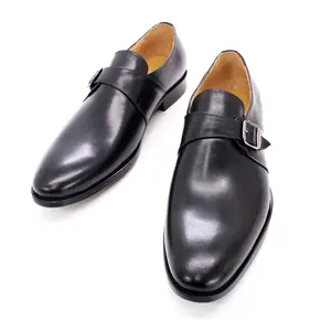 Chaussures en cuir véritable pour hommes, sans lacets avec bretelles monque noires, style décontracté