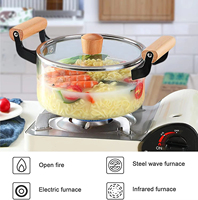 Olla de vidrio de borosilicato grueso para cocina, cacerola de vidrio con mango de madera