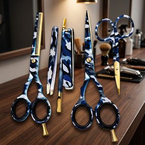 Ciseaux à cheveux camouflage bleu, ciseaux de salon, ciseaux de barbier, lame droite en acier inoxydable avec boîte cadeau - Product Image 2