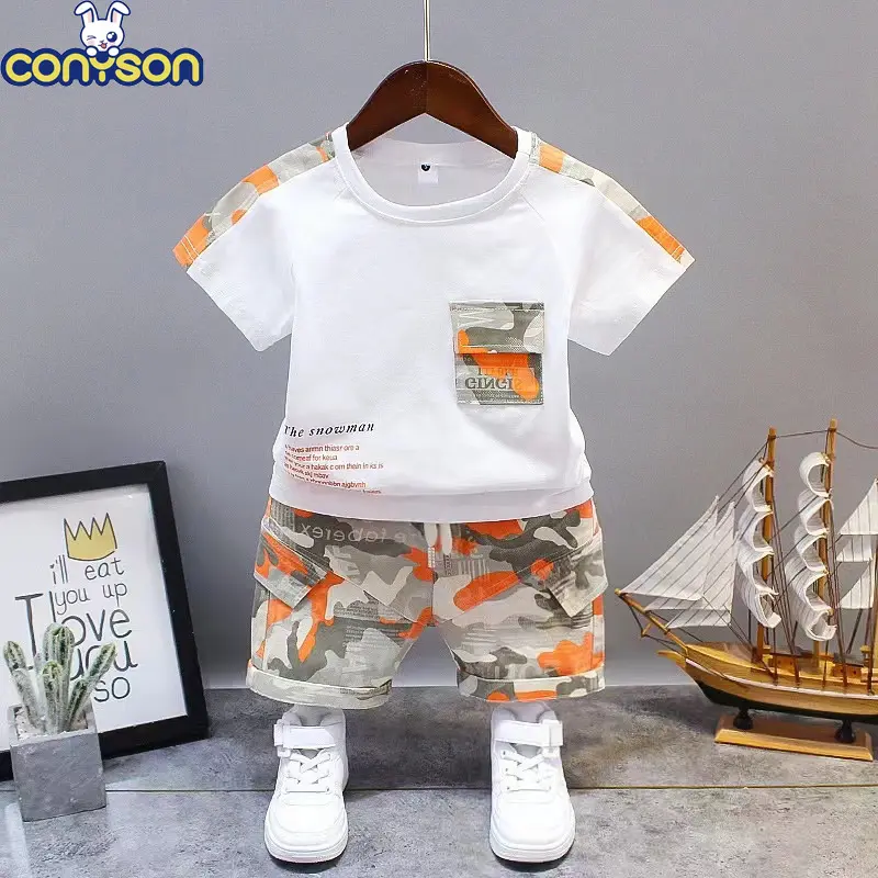 Conyson New Arrival Low MOQ Fashion Camouflage Knitting Cotton Short Sleeve Baby Boy Two Piece Summer Shorts Set Clothing