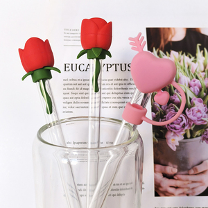 Tapa de paja de vidrio con anillo Rosa Corazón de silicona de grado alimenticio de 10 Mm para accesorio de barra de paja Boba, novedad - Product Image 5