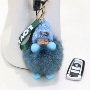Pompom Sleeping Baby Keychain Cute Fluffy Plush Doll Keyholder Women Girl Bags Keyrings <b>Cars</b> <b>Key</b> <b>Ring</b> Gift Charming Decoration - Product Image 3