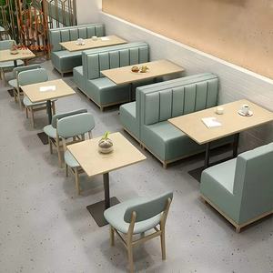 Muebles <span class=keywords><strong>para</strong></span> Cafetería, Diseño Curvo Verde, Asientos Tipo Sofá con Mesas <span class=keywords><strong>de</strong></span> Comedor Cuadradas y Sillas con Marco <span class=keywords><strong>de</strong></span> Madera, Conjunto <span class=keywords><strong>para</strong></span> Restaurante - Product Image 1