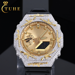 Boîtier de montre AK Gun Watch Bezel VVS Moissanite 2 tons, compatible testeur de diamant, pour GA2100, style Buss Down Bling, pièces de montre DIY, vente en gros usine - Product Image 1