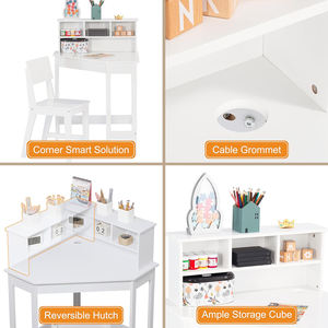 Children 3-8 Years White Corner Desk <strong>Kids</strong> Study <strong>Table</strong> and Chair Set <strong>for</strong> Home with Storage and Hutch - Product Image 4