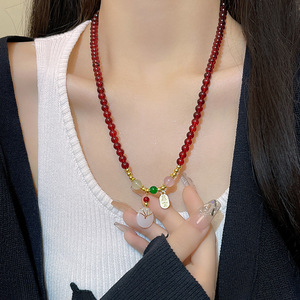 Nouveau Pendentif Coréen Haut de Gamme en Perles et Pierres Naturelles, Bambou, Double Portée, Nœud, pour Femme, Or X1090 - Product Image 1