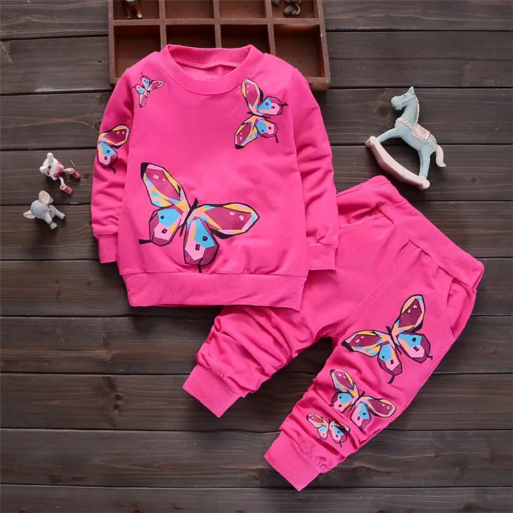 Long Sleeve Girls' Clothing Sets Spring Butterfly Printed Kids Clothing Sweater with Pants 2pcs Baby Girl Clothes Set