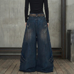 High Street Low Cost Vintage Patchwork Baggy <b>Jeans</b> Women Heavyweight Distressed <b>Raw</b> <b>Hem</b> Wide Leg Denim Pants Side Lace Fashion - Product Image 3
