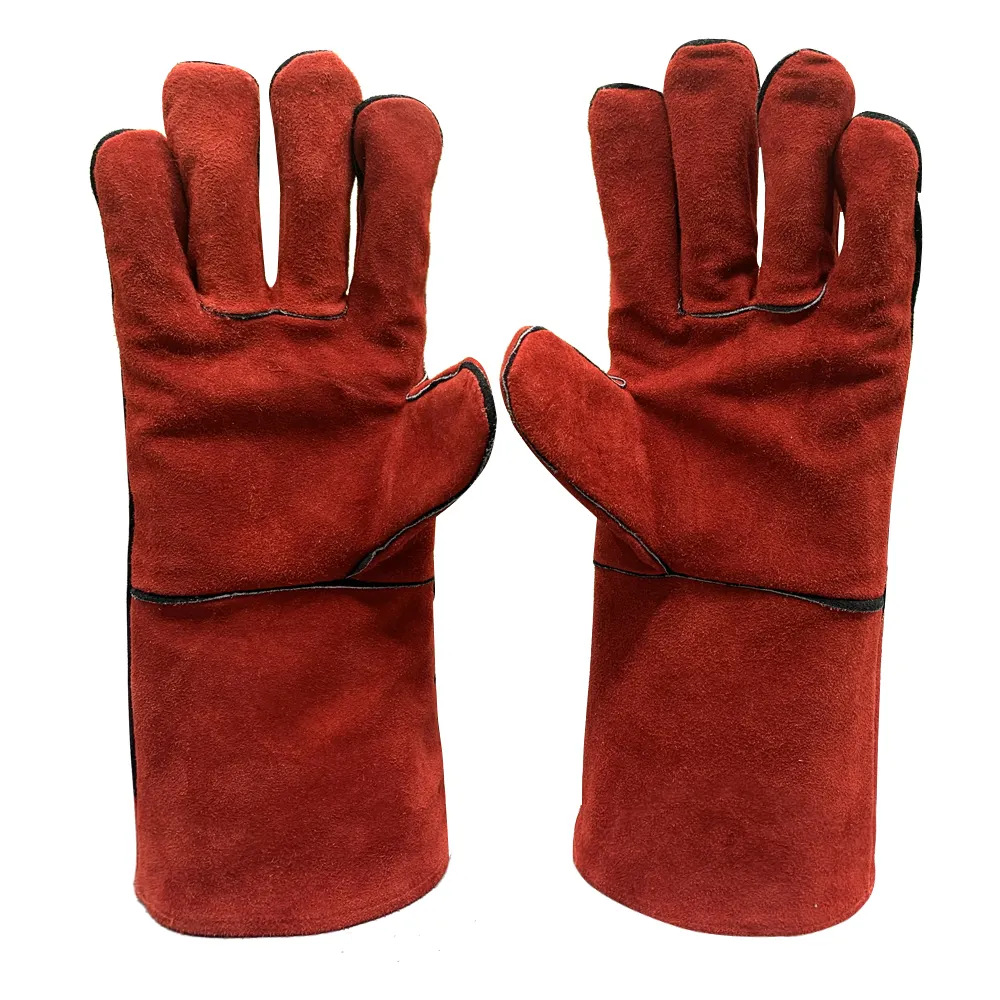 Guanti per saldatura in pelle rossa resistenti al calore di vendita di fabbrica guanti per le mani di sicurezza in pelle di mucca con motivo lungo
