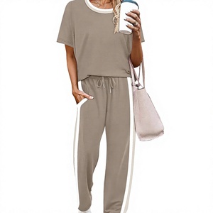 Plus Size Women's 2026 Summer Two-Piece Solid <b>Pajama</b> Set Breathable Loose Fit Wide Leg Knee Collarless <b>Crop</b> Pants Short Sleeve - Product Image 2