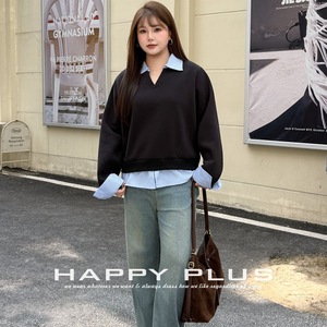 เสื้อสเวตเชิ้ตทรงหลวมแบบสองชิ้นปลอมลายบล็อกสีคอปก Happy Plus สำหรับผู้หญิงไซส์พลัส รุ่นสปริง ระบายอากาศได้ดี ขนาดกลาง - Product Image 4