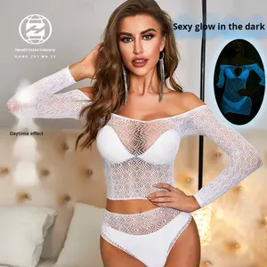 Europese Amerikaanse stijl lichtgevende sexy mesh dobby stof nylon bodysuit ODM blauw lichtgroen licht erotische jumpsuit hol - Product Image 3