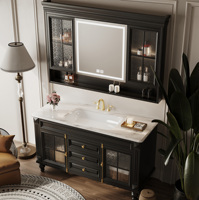 Luxury Bathroom Vanity with Sink, Hand-carved Vanity with Smart LED Defog Mirror, Solid Wood Floating Vanity Cabinet with Glass