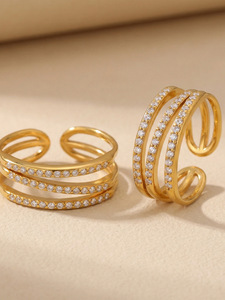 Cross Border Minimalist Design Micro Inlaid Lab Created Stones Three Layer Open Stainless Steel Gold Plated Fashion Unisex Ring - Product Image 4