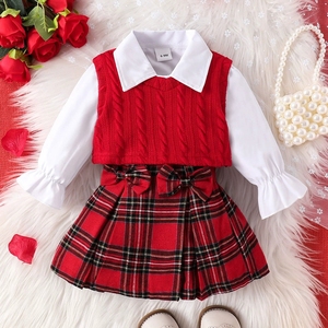 Completo per Bimba in Stile Coreano Camicia a Maniche Lunghe+Gilet+Gonna a Pieghe Set di <span class=keywords><strong>Vestiti</strong></span> per Bambini Rosso Carino Set per Bambini per Compleanno - Product Image 2