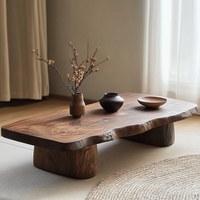 Table basse moderne en bois massif, bord naturel, forme irrégulière, style bûche, artistique, écologique, réglable