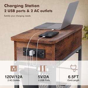 Tavolo rustico marrone con portaoggetti, vano nascosto e ripiano aperto con porta USB e prese AC sollevare tavolino <span class=keywords><strong>da</strong></span> caffè - Product Image 3