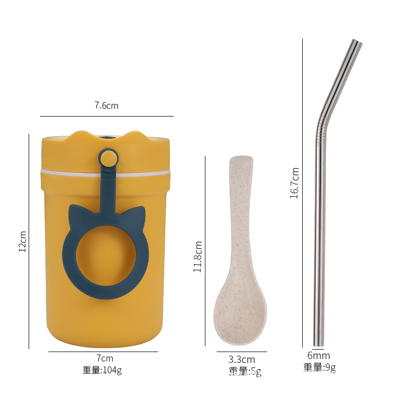 yellow cup with spoon and straw