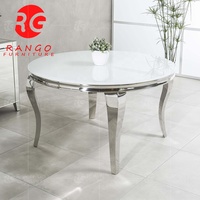 Table de salle à manger en verre, table de 150 cm de long avec pieds en acier inoxydable argenté brillant, table ronde en verre blanc