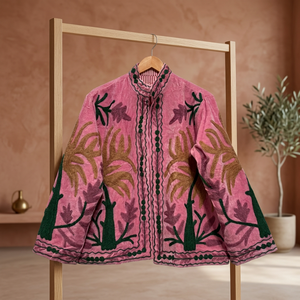 Veste en coton rose brodée à la main avec des motifs floraux, col mandarin, manches longues, style ethnique bohème pour femmes, veste Suzani d'automne - Product Image 2