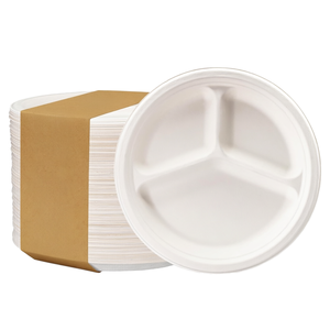 Sugarcane Bagasse Plates 9 Inch 3 Compartment <b>Compostable</b> Round Plates for Takeaway Meals Wholesale - Product Image 1