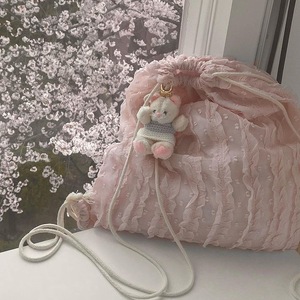 Bolso de Hombro Rosa con Volantes y Cordón, Portátil, para Viaje, Almacenamiento, Estudiante, Gran Capacidad, Correa Única, Primavera 2024 - Product Image 1