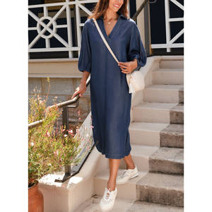 فساتين صيفية مريحة سادة مصبوغة 100% قطن بطول الركبة للنساء، مريحة وعملية للاستخدام اليومي - Product Image 2