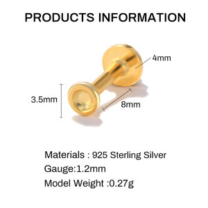 Clous de piercing pour nombril en argent sterling S925, finition brillante, à dos plat, filetés, 16G - Product Image 2