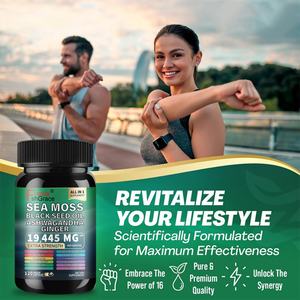 Musgo Marino, Aceite de Semillas Negras, Ashwagandha, Cúrcuma, Alga Marina, Bardana y Jengibre, Vitamina C, D3, etc., 120 Cápsulas - Product Image 6