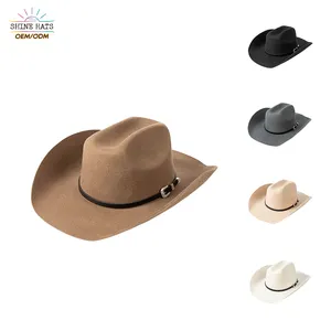 Shinehats moda OEM özel beyaz düz geniş ağız Chapeau Femme Sombrero 100% yün keçe kovboy toptan şapka bant fötr şapkalar