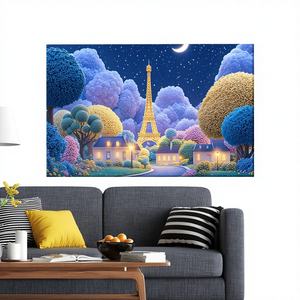 Lienzo Impreso con Diseño Art Deco, Paisaje de Ensueño de París, Torre Eiffel, Pueblo de Fantasía, Panel Decorativo Enmarcado - Product Image 1